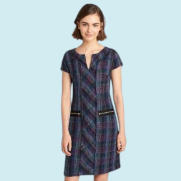 Karl Lagerfeld Dress Size 14 Tweed Sleeveless Shift Split V-neck Autumn Fall - Picture 3 of 10